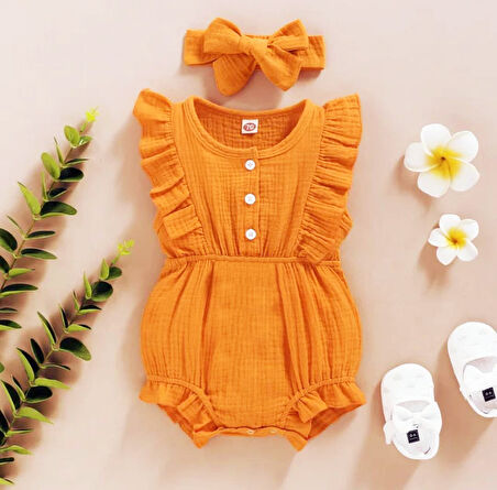 Unisex Kız Bebek&Çocuk %100 Pamuklu Bandanalı Tulum-Turuncu | 12-18 ay
