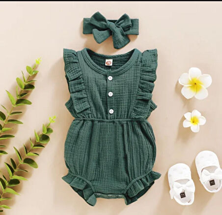 Unisex Kız Bebek&Çocuk %100 Pamuklu Bandanalı Tulum-Yeşil | 18-24 ay