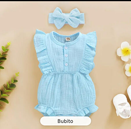 Unisex Kız Bebek&Çocuk %100 Pamuklu Bandanalı Tulum-Mavi | 9-12 ay