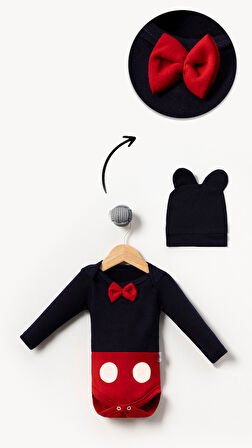 Mickey Görselli Şapkalı 2'li Bebek Badi-Siyah | 12-18 AY