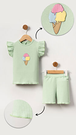 Kabartmalı Dondurma Görselli Pamuklu Kız Bebek Şort Takım-Yeşil | 3-6 ay