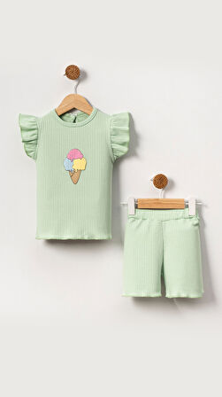 Kabartmalı Dondurma Görselli Pamuklu Kız Bebek Şort Takım-Yeşil | 3-6 ay