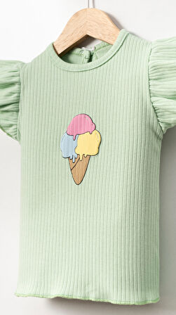 Kabartmalı Dondurma Görselli Pamuklu Kız Bebek Şort Takım-Yeşil | 3-6 ay