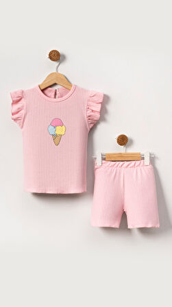 Kabartmalı Dondurma Görselli Pamuklu Kız Bebek Şort Takım-Pembe | 18-24 ay