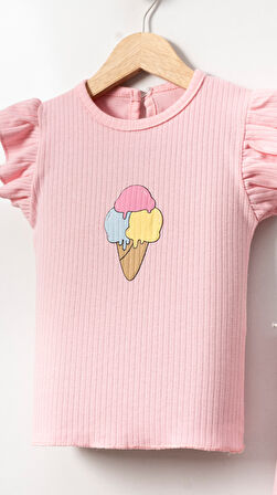 Kabartmalı Dondurma Görselli Pamuklu Kız Bebek Şort Takım-Pembe | 18-24 ay