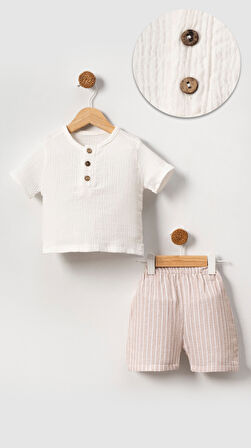 Unisex Bebek&Çocuk %100 Pamuklu Çizgili Düğmeli Müslin Şort Takım-Bej | 9-12 ay