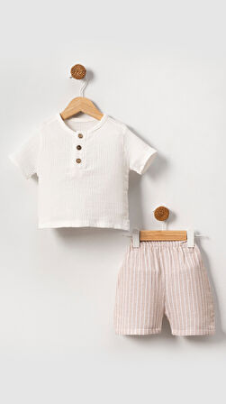Unisex Bebek&Çocuk %100 Pamuklu Çizgili Düğmeli Müslin Şort Takım-Bej | 9-12 ay