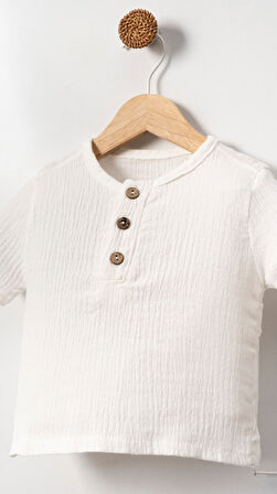 Unisex Bebek&Çocuk %100 Pamuklu Çizgili Düğmeli Müslin Şort Takım-Bej | 9-12 ay