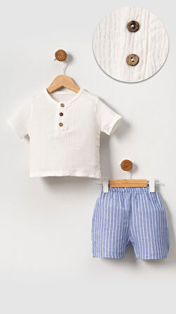 Unisex Bebek&Çocuk %100 Pamuklu Çizgili Düğmeli Müslin Şort Takım-Mavi | 3 Yaş