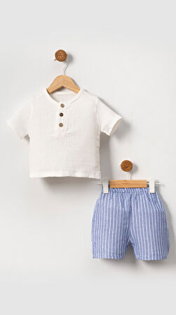 Unisex Bebek&Çocuk %100 Pamuklu Çizgili Düğmeli Müslin Şort Takım-Mavi | 3 Yaş