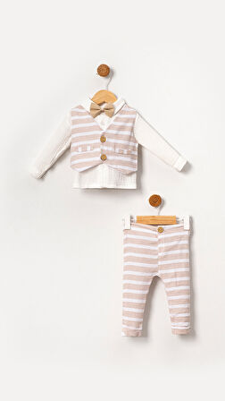 Müslin Papyonlu Yelekli Erkek Bebek&Çocuk 4'lü Takım Seti-Bej | 12-18 ay
