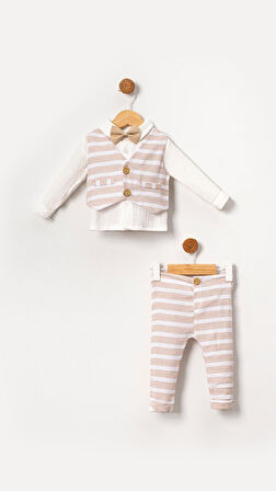 Müslin Papyonlu Yelekli Erkek Bebek&Çocuk 4'lü Takım Seti-Bej | 12-18 ay