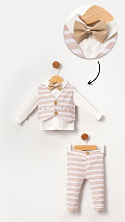 Müslin Papyonlu Yelekli Erkek Bebek&Çocuk 4'lü Takım Seti-Bej | 12-18 ay