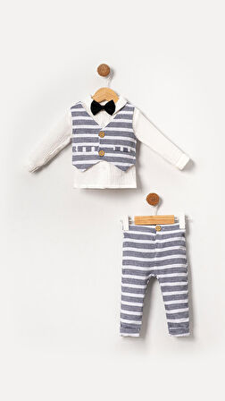 Müslin Papyonlu Yelekli Erkek Bebek&Çocuk 4'lü Takım Seti-Gri | 12-18 ay