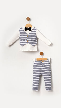 Müslin Papyonlu Yelekli Erkek Bebek&Çocuk 4'lü Takım Seti-Gri | 12-18 ay