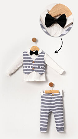 Müslin Papyonlu Yelekli Erkek Bebek&Çocuk 4'lü Takım Seti-Gri | 12-18 ay