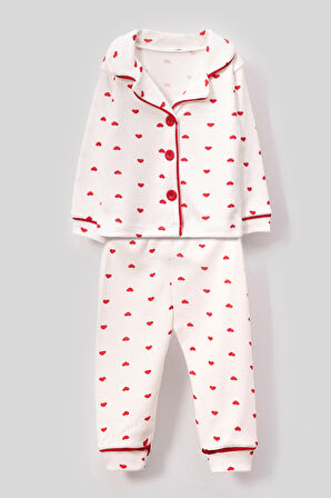 Kalpli Kız Bebek Alt Üst 2'li Pijama Takım- Kırmızı Beyaz | 12-18 ay