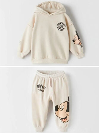 Mickey Mouse Görselli Kapüşonlu Bebek Çocuk Alt Üst Takım-Koyu Bej | 2-3 Yaş
