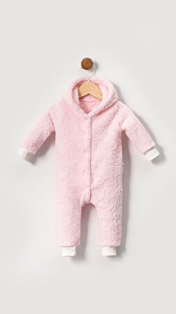 Kışlık Tatlı Kapşonlu Bebek Peluş Welsoft Tulum-Pembe | 6-9 ay
