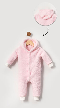 Kışlık Tatlı Kapşonlu Bebek Peluş Welsoft Tulum-Pembe | 6-9 ay