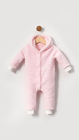 Kışlık Tatlı Kapşonlu Bebek Peluş Welsoft Tulum-Pembe | 6-9 ay