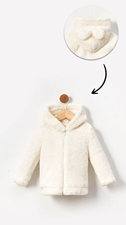 Fermuarlı Kapüşonlu Bebek Peluş Welsoft Kışlık Hırka-Beyaz | 1 Yaş