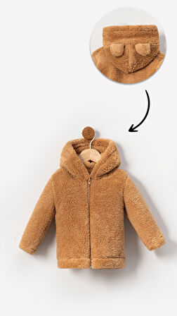 Fermuarlı Kapüşonlu Bebek Peluş Welsoft Kışlık Hırka-Kahverengi | 1-2 Yaş