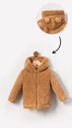 Fermuarlı Kapüşonlu Bebek Peluş Welsoft Kışlık Hırka-Kahverengi | 1-2 Yaş