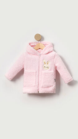 Tavşan Nakışlı Fermuarlı Cepli Kız Bebek Peluş Welsoft Kışlık Hırka-Pembe | 1 Yaş