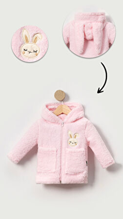 Tavşan Nakışlı Fermuarlı Cepli Kız Bebek Peluş Welsoft Kışlık Hırka-Pembe | 1 Yaş