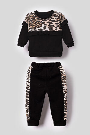 Leopar Detaylı Fırfırlı Kız Bebek Çocuk Alt Üst 2'li Takım-Siyah | 6-9 ay