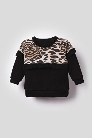 Leopar Detaylı Fırfırlı Kız Bebek Çocuk Alt Üst 2'li Takım-Siyah | 6-9 ay