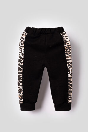 Leopar Detaylı Fırfırlı Kız Bebek Çocuk Alt Üst 2'li Takım-Siyah | 6-9 ay