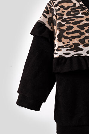 Leopar Detaylı Fırfırlı Kız Bebek Çocuk Alt Üst 2'li Takım-Siyah | 12-18 ay