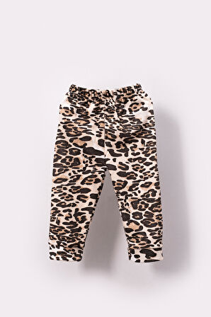 Leopar Desenli Kalp Detaylı Bebek Çocuk Alt Üst 2'li Takım-Bej | 12-18 ay