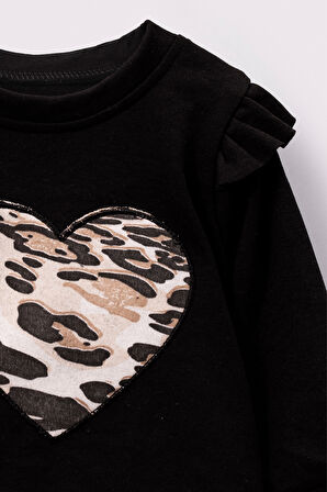 Leopar Desenli Kalp Detaylı Bebek Çocuk Alt Üst 2'li Takım-Bej | 3 Yaş