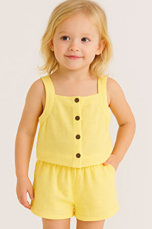 Asklılı Müslin Kız Bebek Yazlık Şort 2'li Takım-Sarı | 6-9 ay