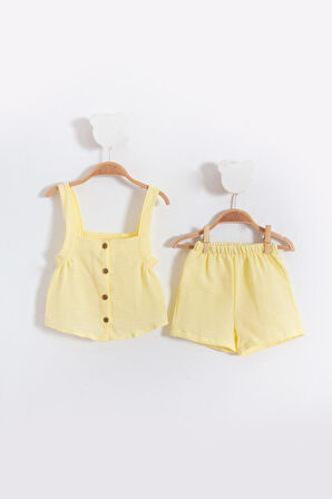 Asklılı Müslin Kız Bebek Yazlık Şort 2'li Takım-Sarı | 12-18 ay