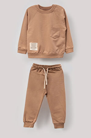 Tarz Etiketli Cepli Mevsimlik Pamuklu Bebek&Çocuk 2'li Alt Üst Takım-Bej | 2-3 Yaş