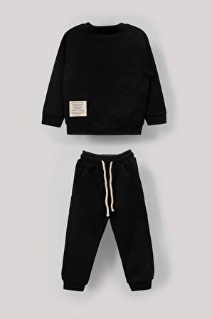 Tarz Etiketli Cepli Mevsimlik Pamuklu Bebek Çocuk 2'li Alt Üst Takım-Siyah | 1-2 Yaş