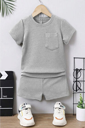 Waffle Görselli Cep Detaylı Pamuklu Yazlık Bebek Çocuk Şort Takım-Gri | 3 Yaş