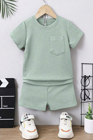 Waffle Görselli Cep Detaylı Pamuklu Yazlık Bebek Çocuk Şort Takım-Açık Yeşil | 3 Yaş