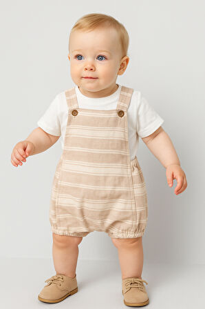 Çizgili Tshirt Detaylı Çıtçıtlı Pamuklu Yazlık Bebek Slopet Takım-Bej | 12-18 ay