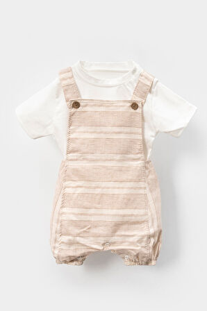 Çizgili Tshirt Detaylı Çıtçıtlı Pamuklu Yazlık Bebek Slopet Takım-Bej | 12-18 ay