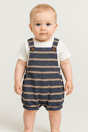 Çizgili Tshirt Detaylı Çıtçıtlı Pamuklu Yazlık Bebek Slopet Takım-Mavi | 3-6 ay