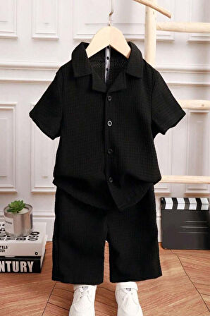 V Yaka Gömlek Detaylı Pamuklu Waffle Şort Takım-Siyah | 4 Yaş