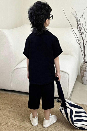 V Yaka Gömlek Detaylı Pamuklu Waffle Şort Takım-Siyah | 4 Yaş