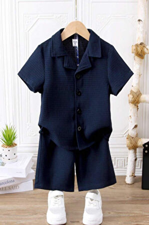 V Yaka Gömlek Detaylı Pamuklu Waffle Şort Takım-Lacivert | 3 Yaş