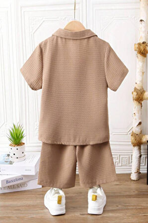 V Yaka Gömlek Detaylı Pamuklu Waffle Şort Takım-Bej | 3 Yaş