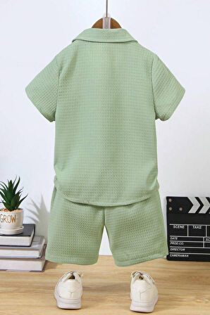 V Yaka Gömlek Detaylı Pamuklu Waffle Şort Takım-Yeşil | 2 Yaş